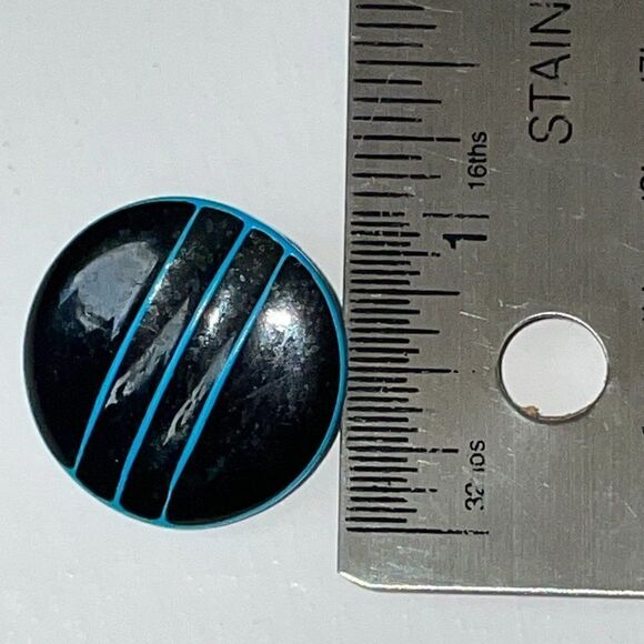 Vintage 80s Striped Blue Black Round Earrings - Picture 5 of 6